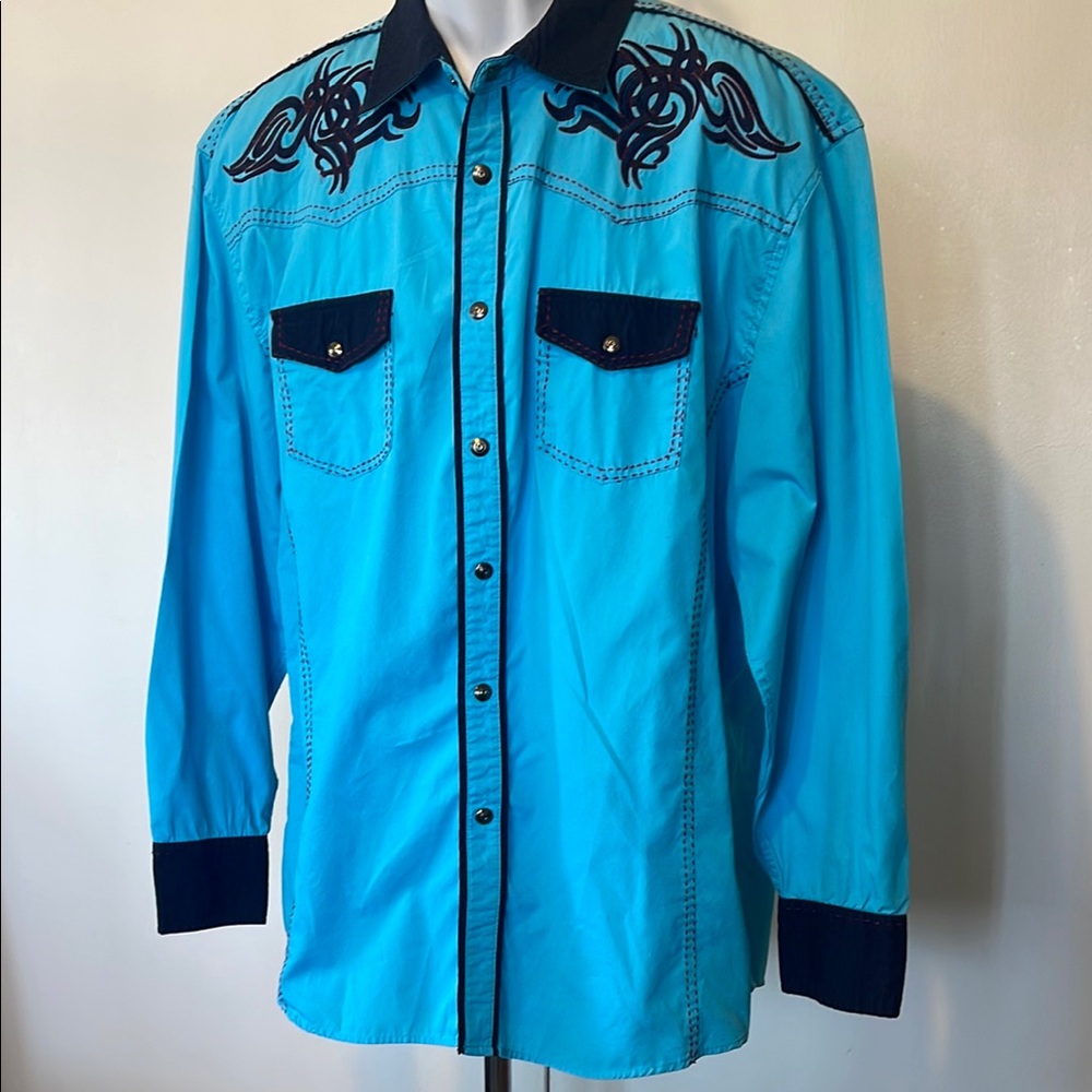 LAMASINI  WESTERN  size XL”Turquoise  Snap Buttons with Trim & Embroidery SHIRT